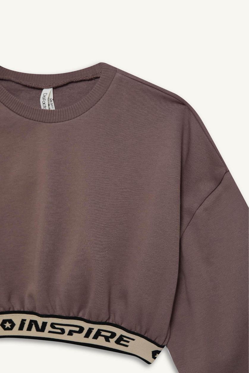 Kız Çocuk - Genç Kız Açık Kahve Crop Bisiklet Yaka Baskılı İçi Yumuşak Tüylü Sweatshirt Kız Çocuk