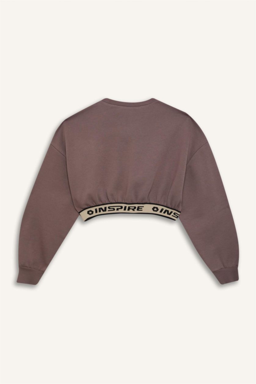 Kız Çocuk - Genç Kız Açık Kahve Crop Bisiklet Yaka Baskılı İçi Yumuşak Tüylü Sweatshirt Kız Çocuk