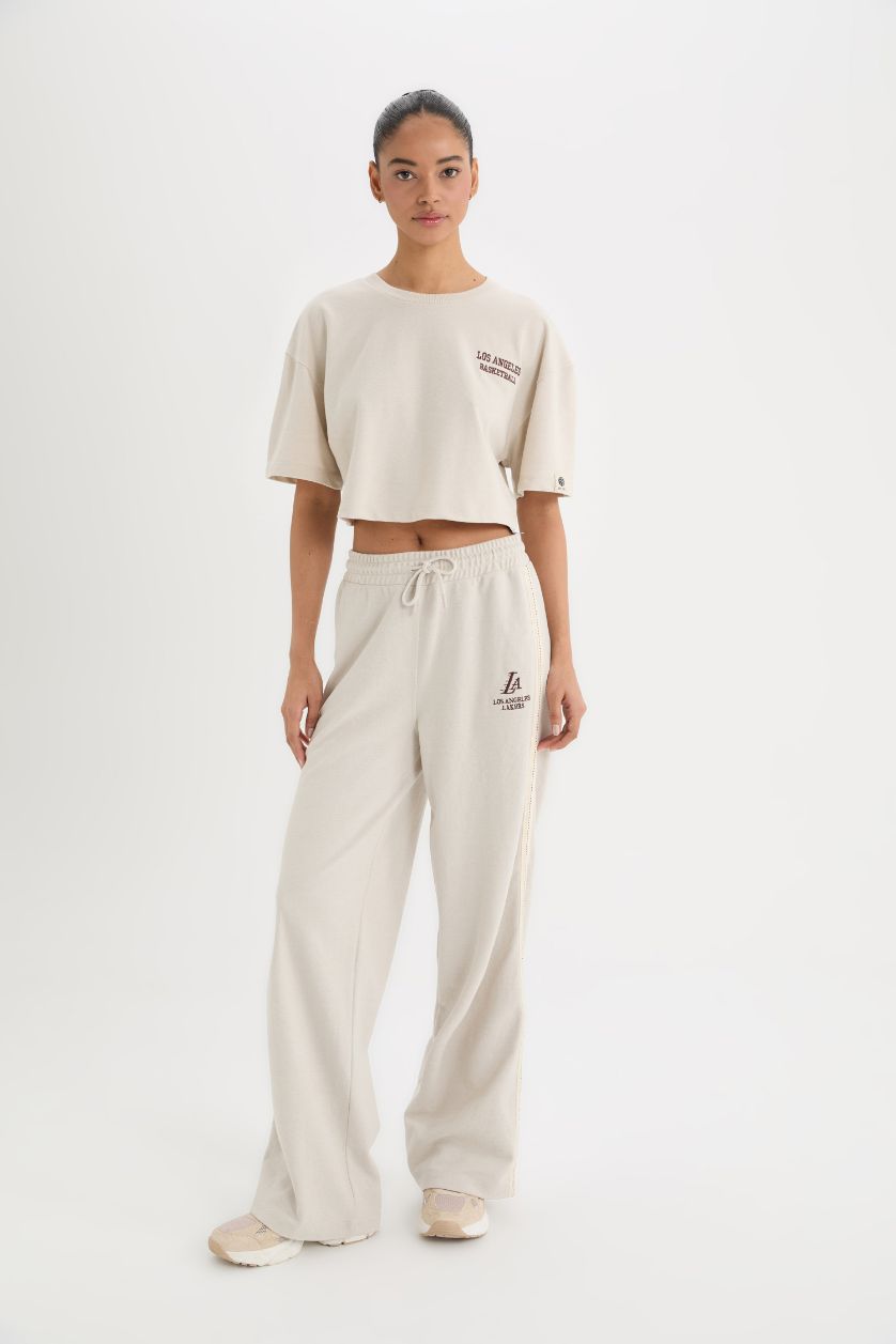 Woman Beige Melange DeFactoFit Crew Neck Embroidery Print Sports Pique T-Shirt