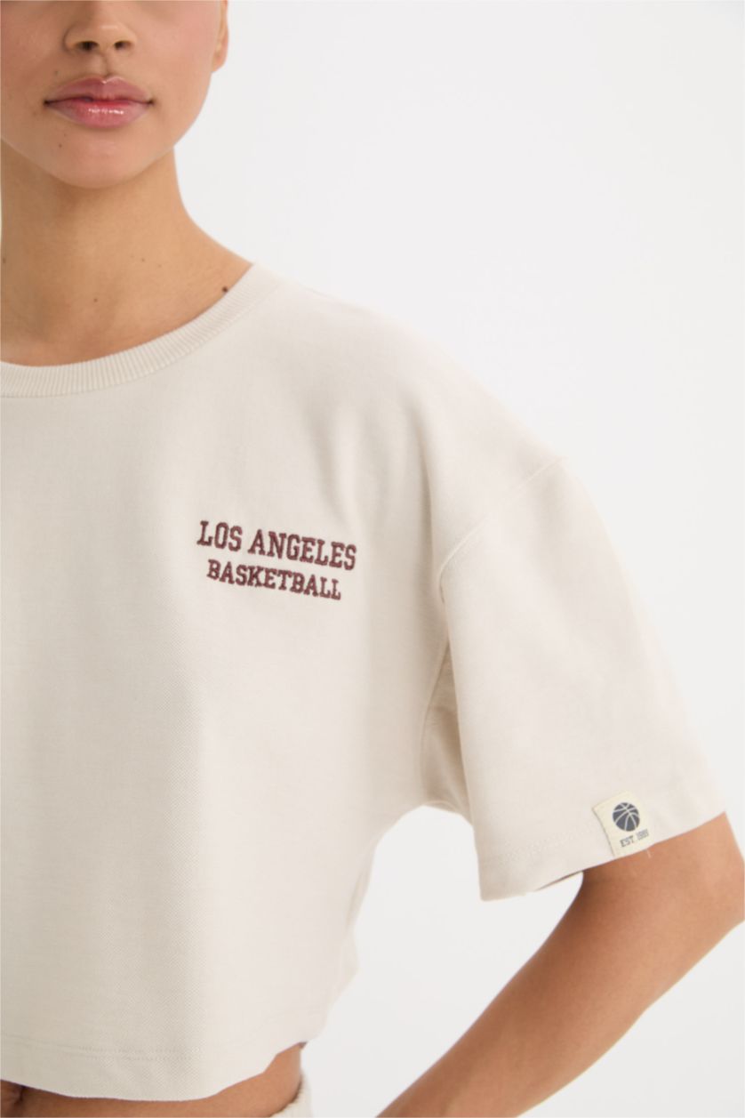 Woman Beige Melange DeFactoFit Crew Neck Embroidery Print Sports Pique T-Shirt