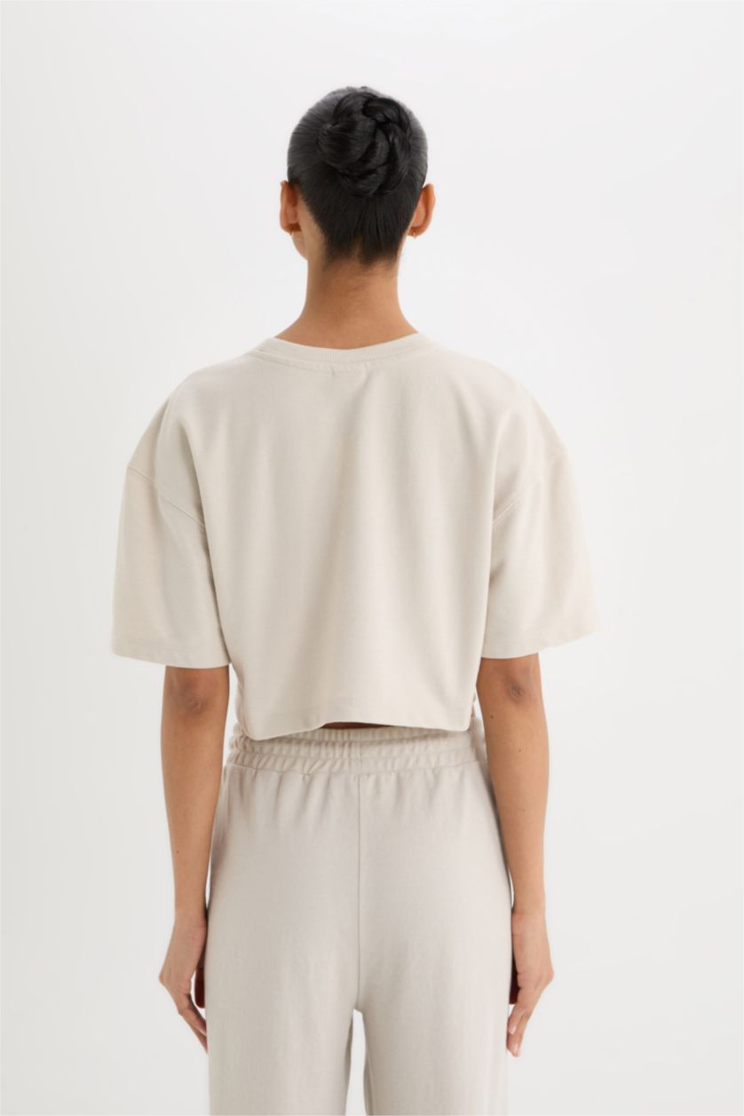 Woman Beige Melange DeFactoFit Crew Neck Embroidery Print Sports Pique T-Shirt