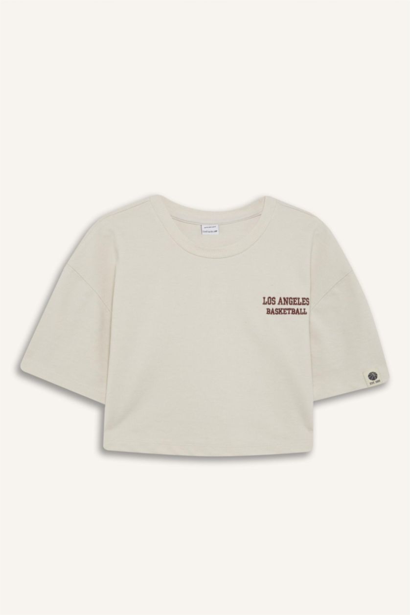 Woman Beige Melange DeFactoFit Crew Neck Embroidery Print Sports Pique T-Shirt