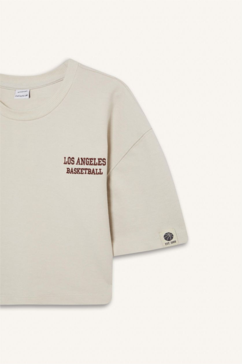 Woman Beige Melange DeFactoFit Crew Neck Embroidery Print Sports Pique T-Shirt