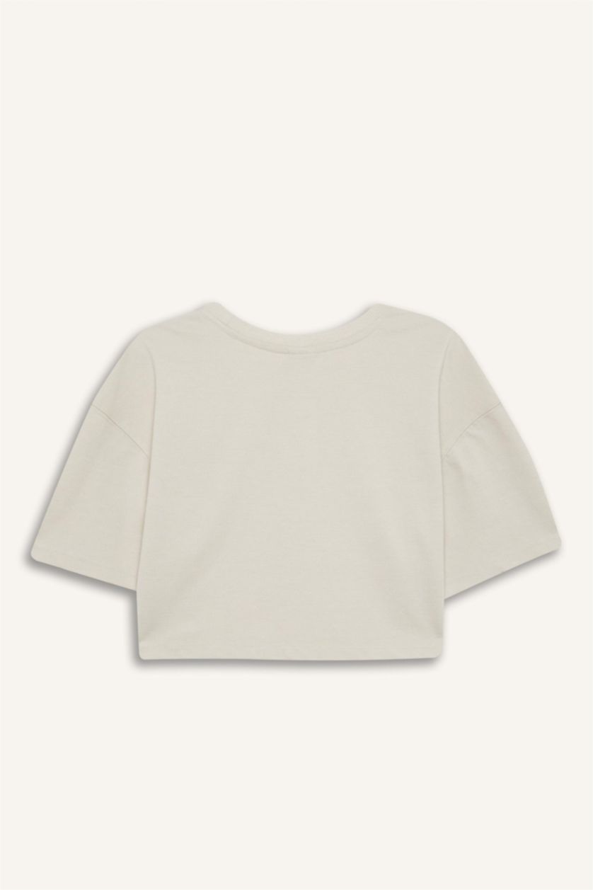 Woman Beige Melange DeFactoFit Crew Neck Embroidery Print Sports Pique T-Shirt