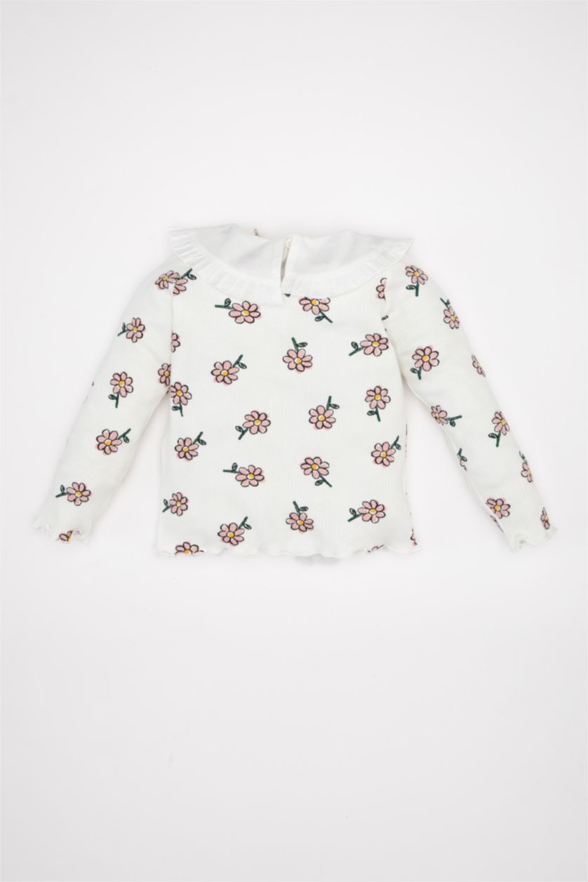 Kız Bebek Kum Büyük Yaka Çiçekli Fitilli Kaşkorse Uzun Kollu Tişört Kız Bebek