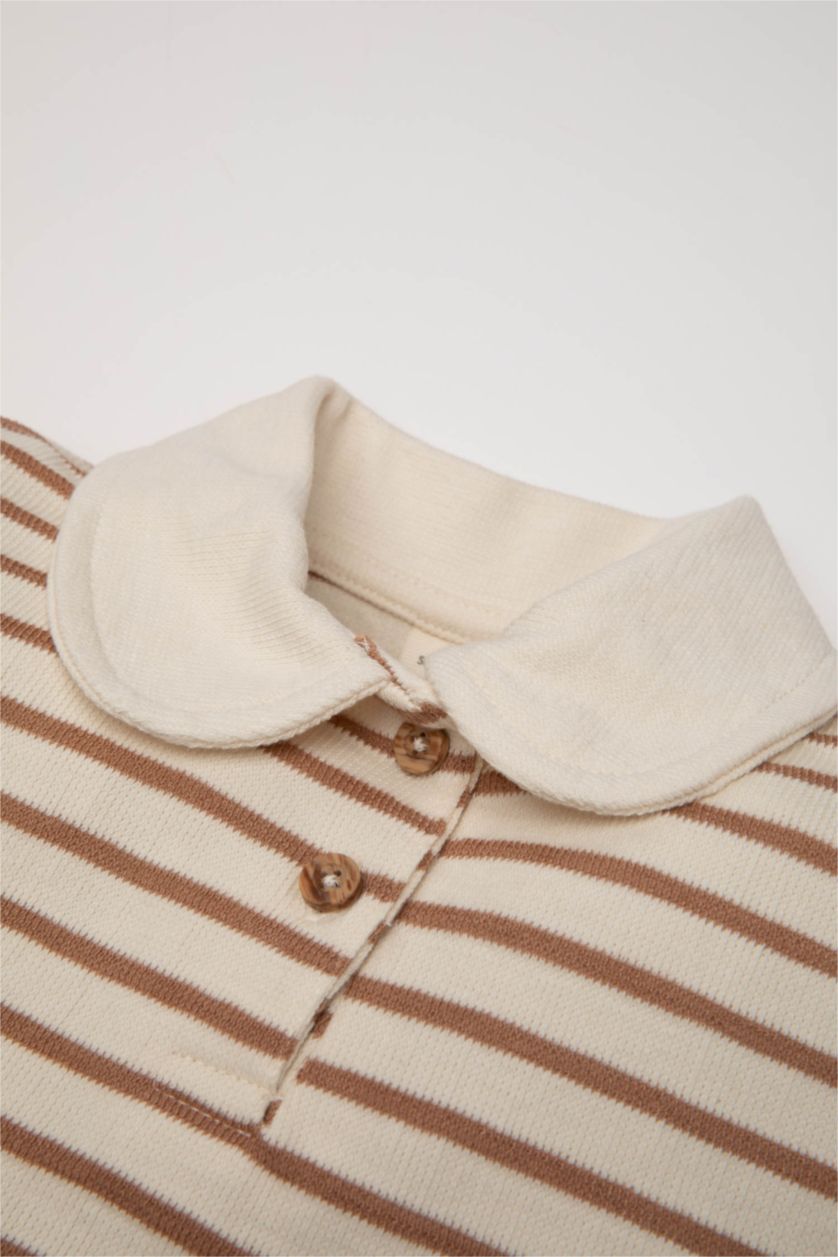 Kız Bebek Açık Kahve Çizgili Bebe Yaka İçi Yumuşak Tüylü Sweatshirt Kız Bebek