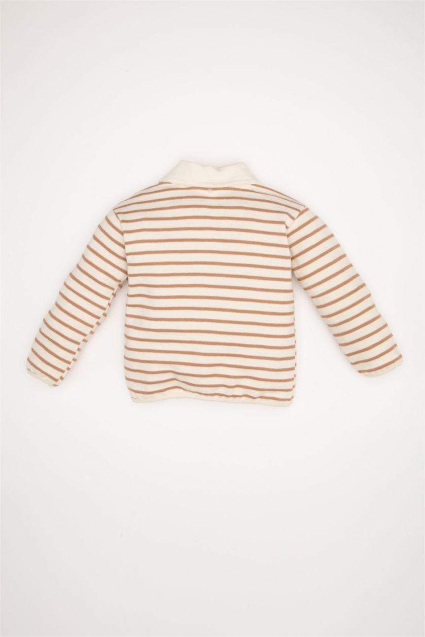 Kız Bebek Açık Kahve Çizgili Bebe Yaka İçi Yumuşak Tüylü Sweatshirt Kız Bebek