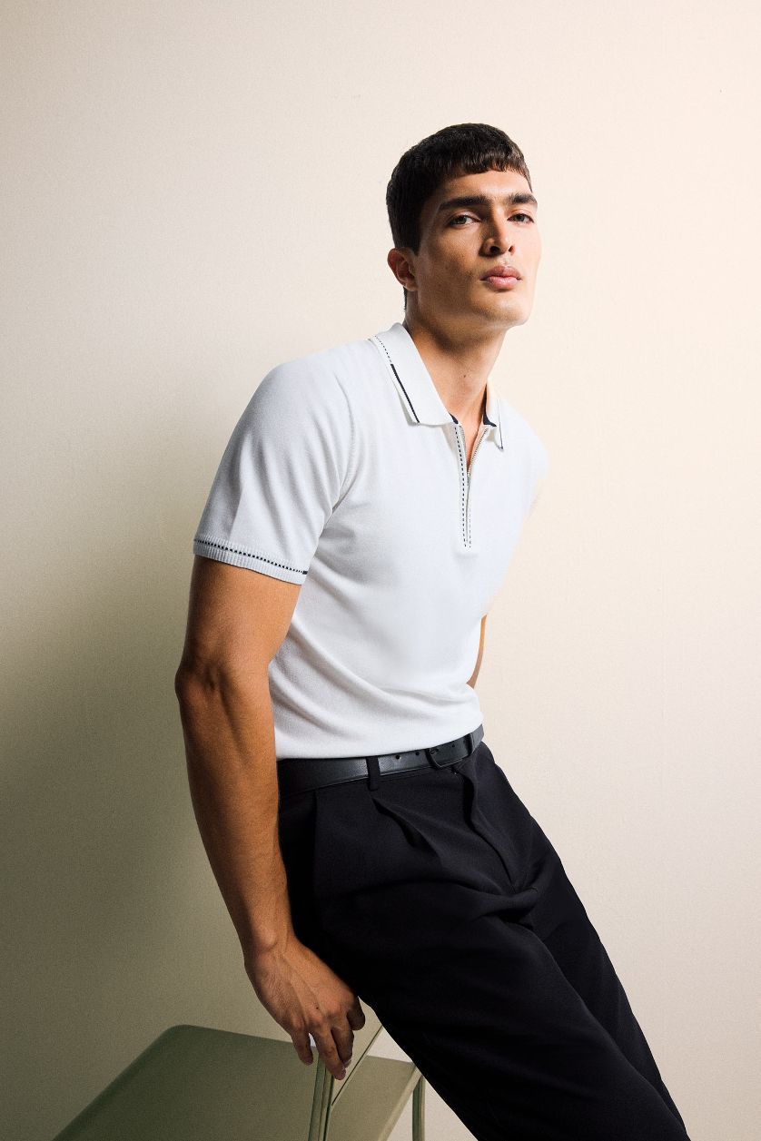 Мужчины Кремовый Трикотажная футболка Standard Fit с воротником поло молнией и коротким рукавом