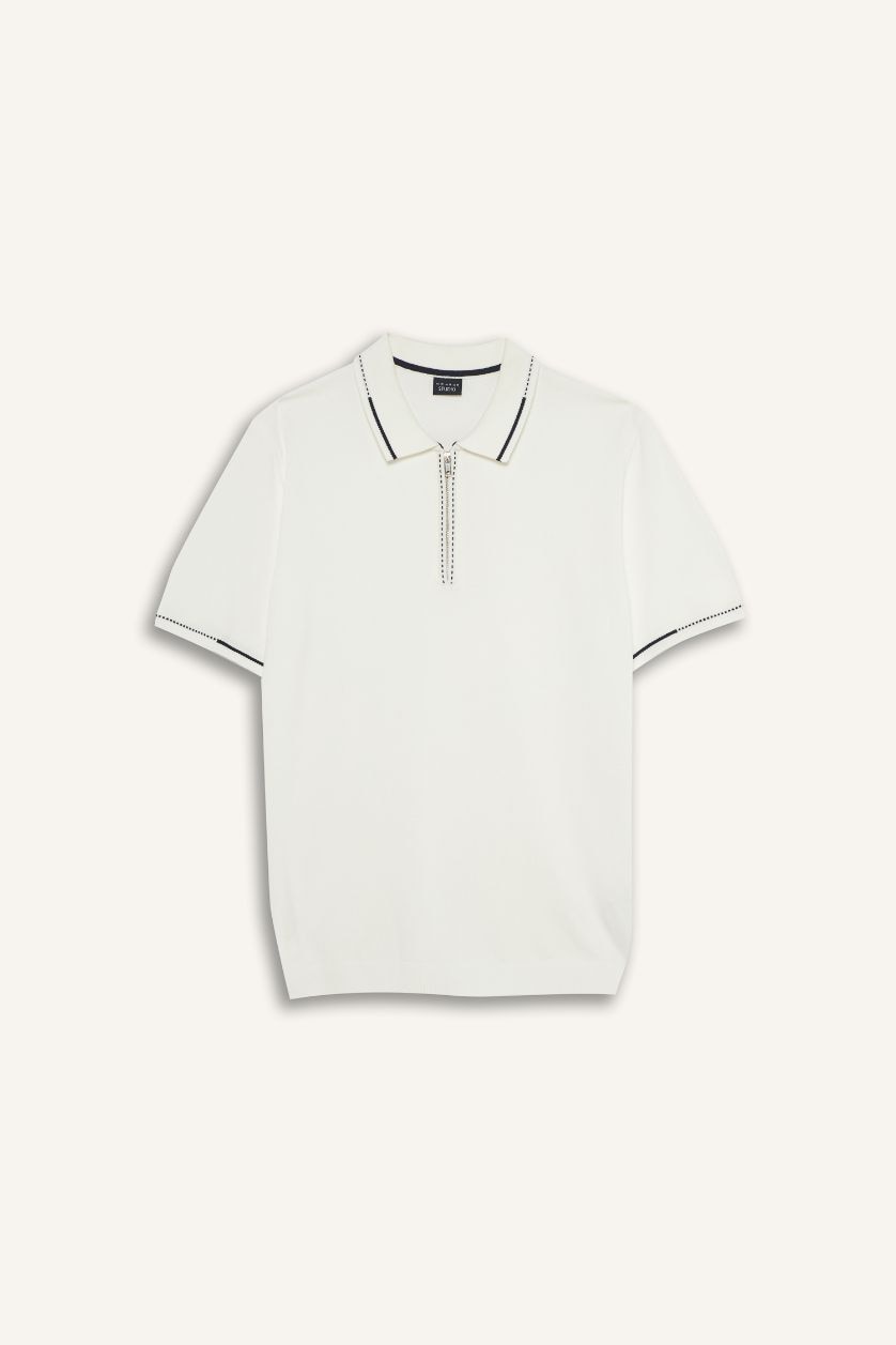 Мужчины Кремовый Трикотажная футболка Standard Fit с воротником поло молнией и коротким рукавом