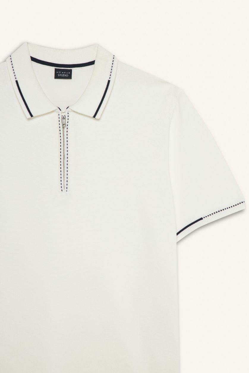 Мужчины Кремовый Трикотажная футболка Standard Fit с воротником поло молнией и коротким рукавом