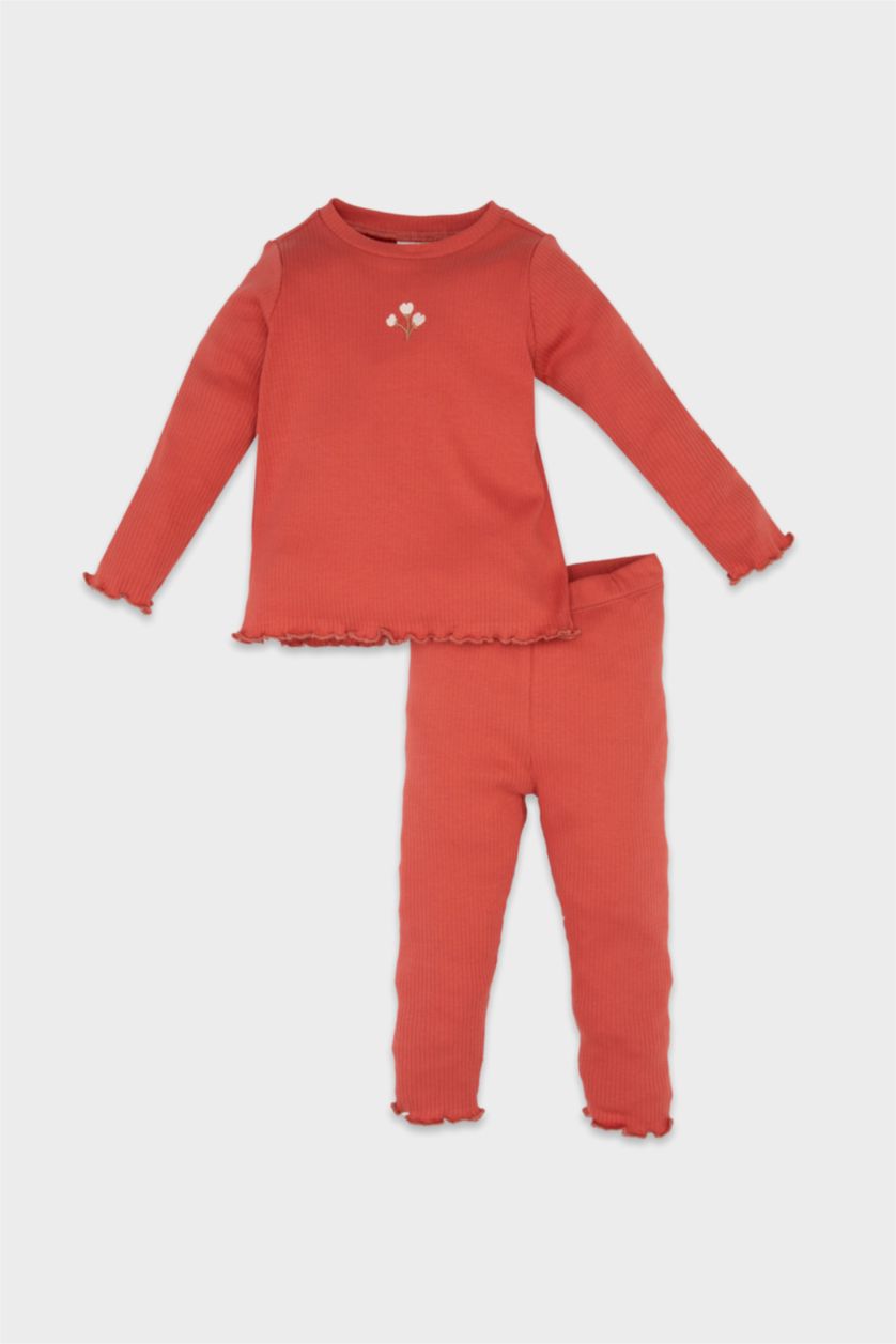 Kız Bebek Kiremit Kız Bebek 2'li Takım Fitilli Kaşkorse Uzun Kollu Basic Düz Tişört Tayt