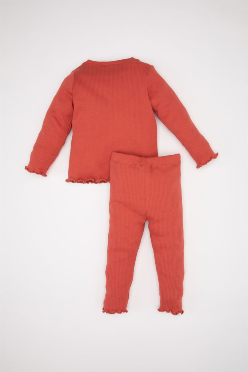 Kız Bebek Kiremit Kız Bebek 2'li Takım Fitilli Kaşkorse Uzun Kollu Basic Düz Tişört Tayt