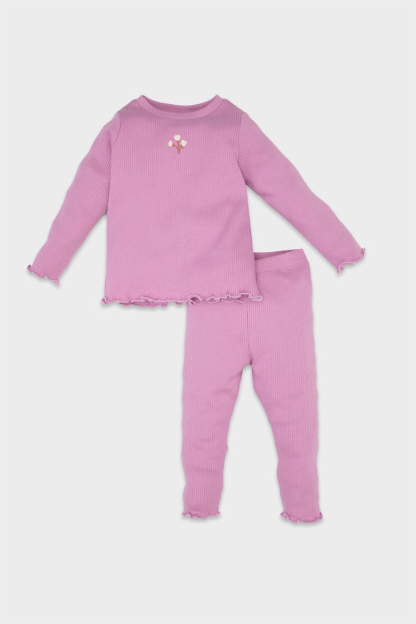 Kız Bebek Lila Kız Bebek 2'li Takım Çiçekli Fitilli Kaşkorse Uzun Kollu Tişört Tayt 