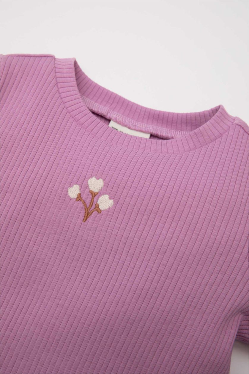Kız Bebek Lila Kız Bebek 2'li Takım Çiçekli Fitilli Kaşkorse Uzun Kollu Tişört Tayt 