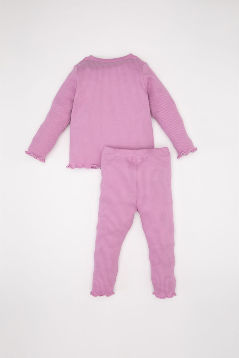 Kız Bebek Lila Kız Bebek 2'li Takım Çiçekli Fitilli Kaşkorse Uzun Kollu Tişört Tayt 