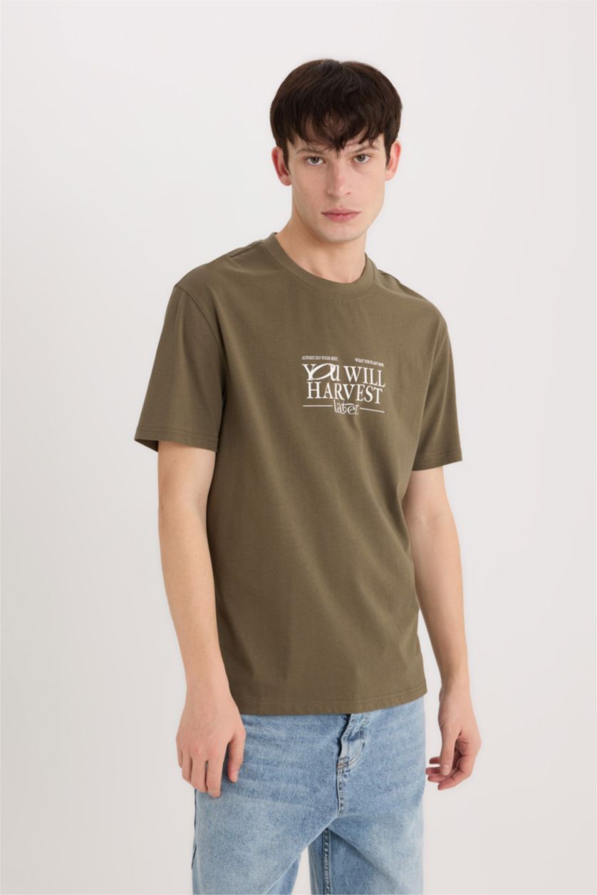 MAN Khaki Regular Fit Crew Neck Printed Short Sleeve T-Shirt