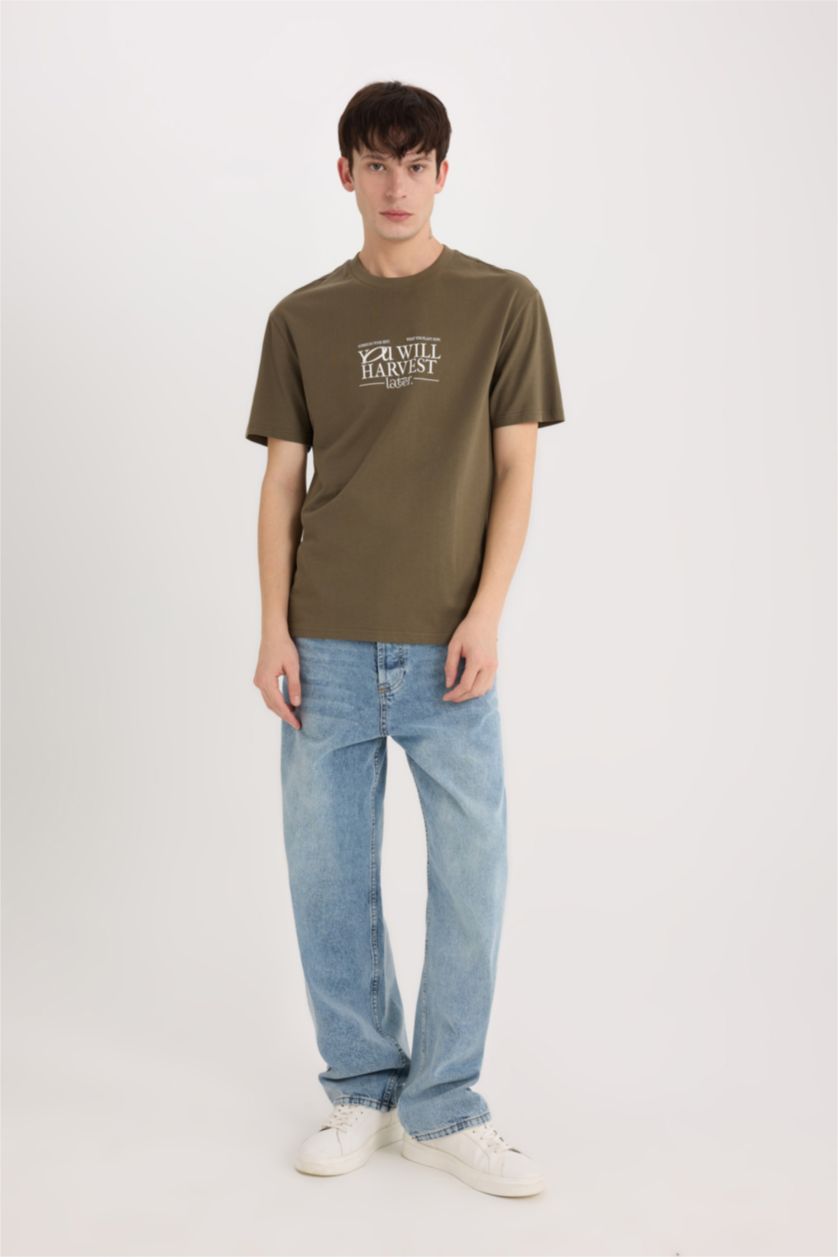 MAN Khaki Regular Fit Crew Neck Printed Short Sleeve T-Shirt