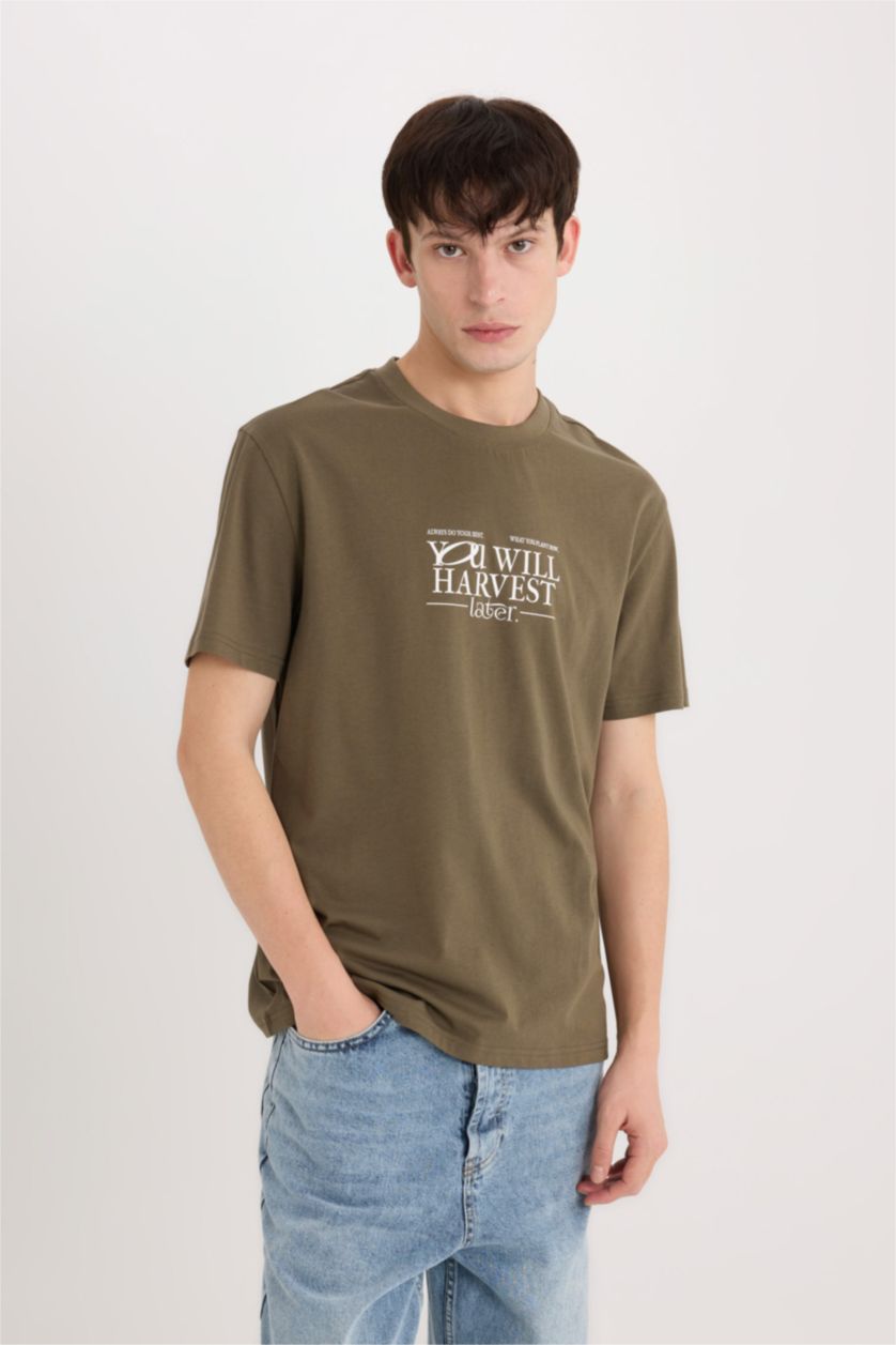 MAN Khaki Regular Fit Crew Neck Printed Short Sleeve T-Shirt
