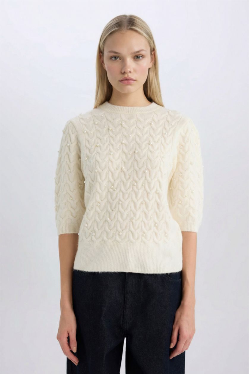 Әйелдерге экру қалыпты пішім дөңгелек жаға Пулловер