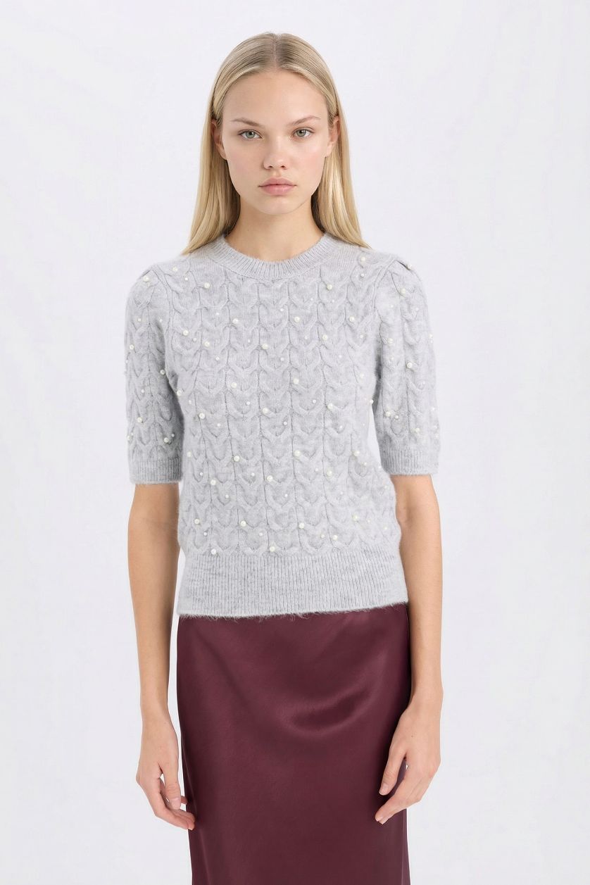 Kadın Gri Melanj Regular Fit Bisiklet Yaka Basic Düz Yarım Kollu Triko Kazak