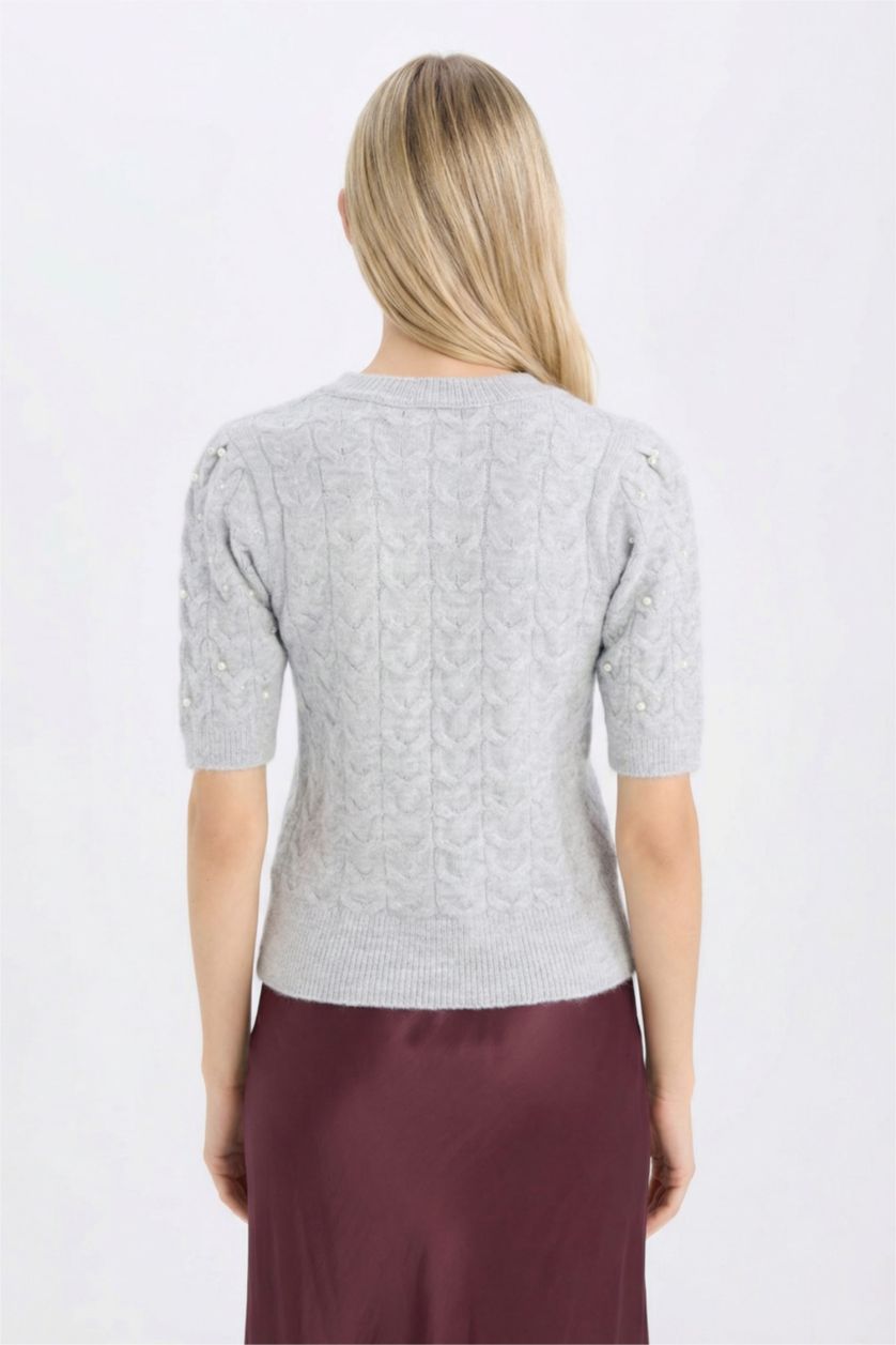 Kadın Gri Melanj Regular Fit Bisiklet Yaka Basic Düz Yarım Kollu Triko Kazak