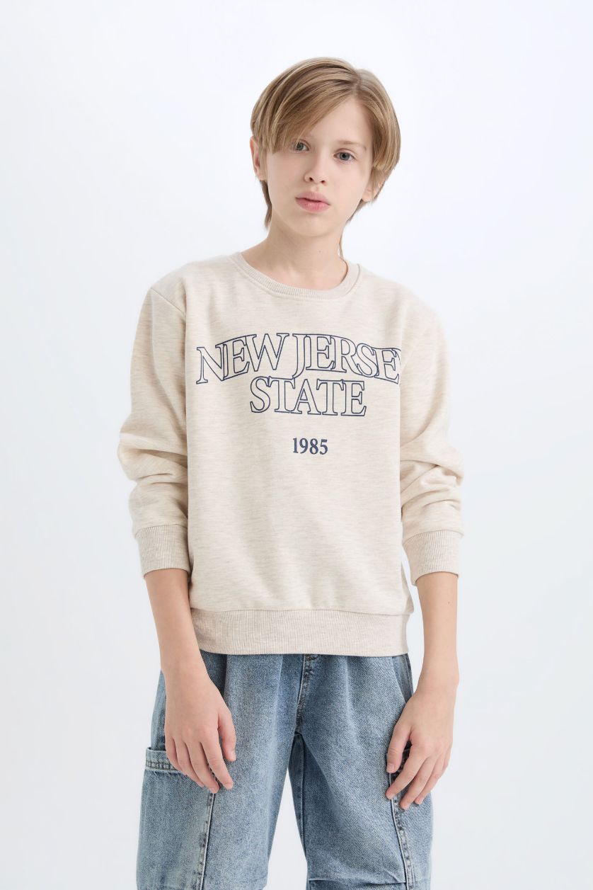 Erkek Çocuk - Genç Erkek Bej Melanj Bisiklet Yaka Baskılı Sweatshirt Erkek Çocuk