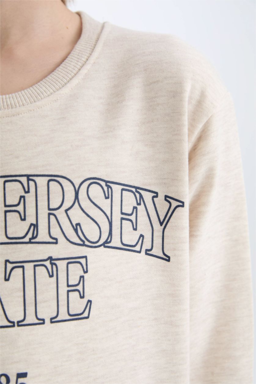 Erkek Çocuk - Genç Erkek Bej Melanj Bisiklet Yaka Baskılı Sweatshirt Erkek Çocuk