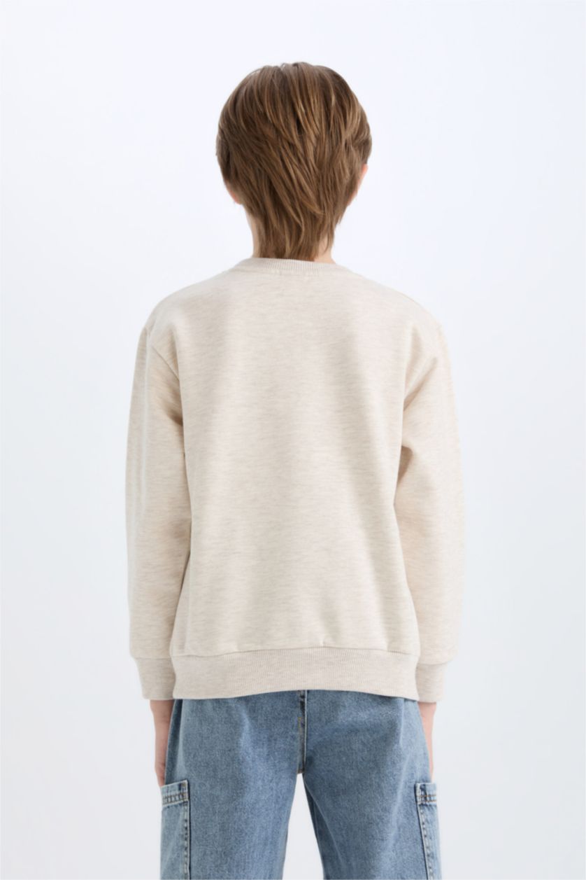 Erkek Çocuk - Genç Erkek Bej Melanj Bisiklet Yaka Baskılı Sweatshirt Erkek Çocuk