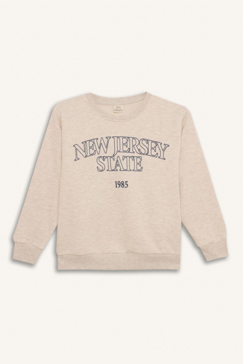 Erkek Çocuk - Genç Erkek Bej Melanj Bisiklet Yaka Baskılı Sweatshirt Erkek Çocuk