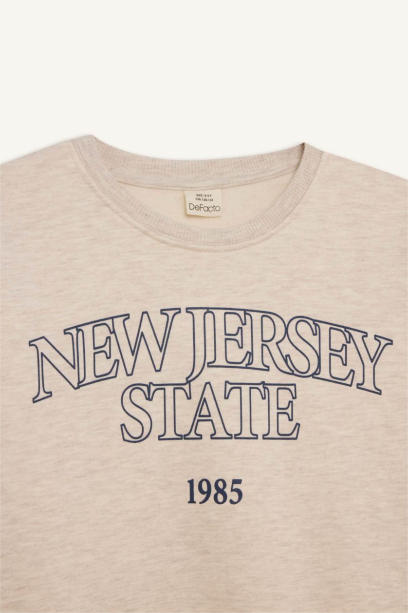 Erkek Çocuk - Genç Erkek Bej Melanj Bisiklet Yaka Baskılı Sweatshirt Erkek Çocuk