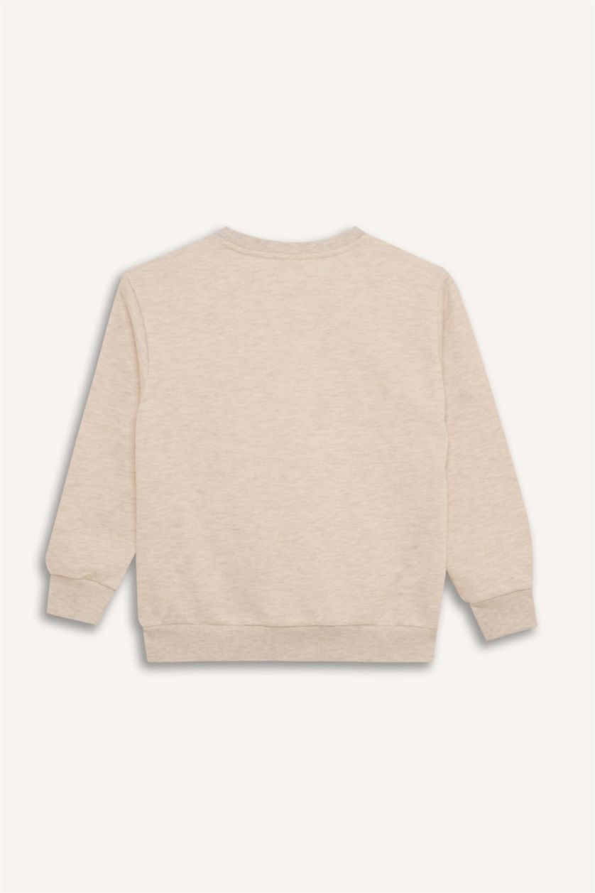 Erkek Çocuk - Genç Erkek Bej Melanj Bisiklet Yaka Baskılı Sweatshirt Erkek Çocuk