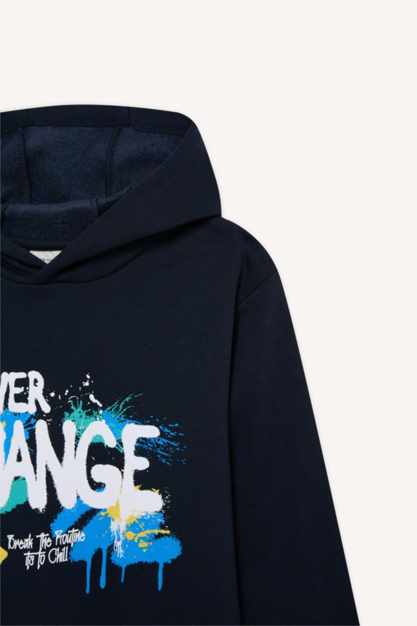 Erkek Çocuk - Genç Erkek Lacivert Kapüşonlu Baskılı İçi Yumuşak Tüylü Sweatshirt Erkek Çocuk