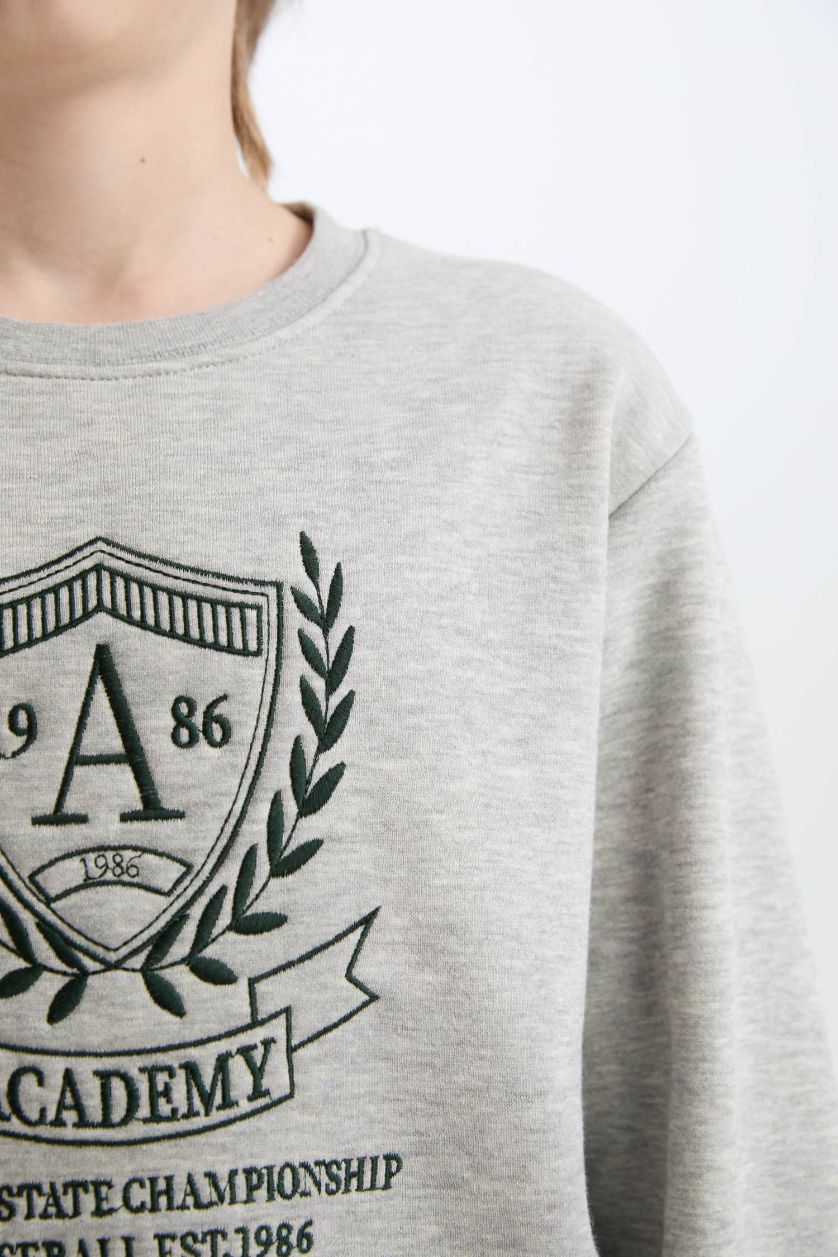 Erkek Çocuk - Genç Erkek Gri Melanj Bisiklet Yaka Baskılı İçi Yumuşak Tüylü Sweatshirt Erkek Çocuk