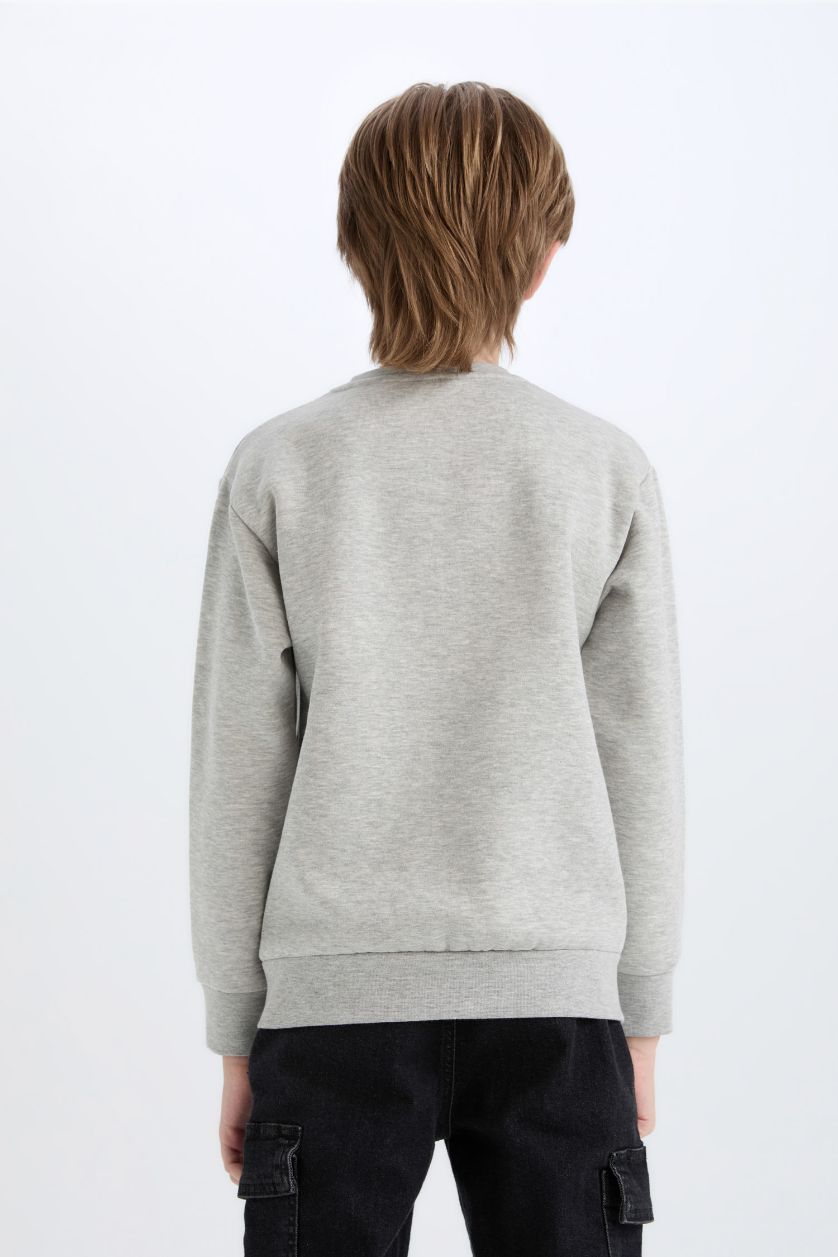 Erkek Çocuk - Genç Erkek Gri Melanj Bisiklet Yaka Baskılı İçi Yumuşak Tüylü Sweatshirt Erkek Çocuk