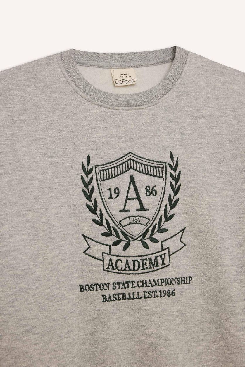 Erkek Çocuk - Genç Erkek Gri Melanj Bisiklet Yaka Baskılı İçi Yumuşak Tüylü Sweatshirt Erkek Çocuk