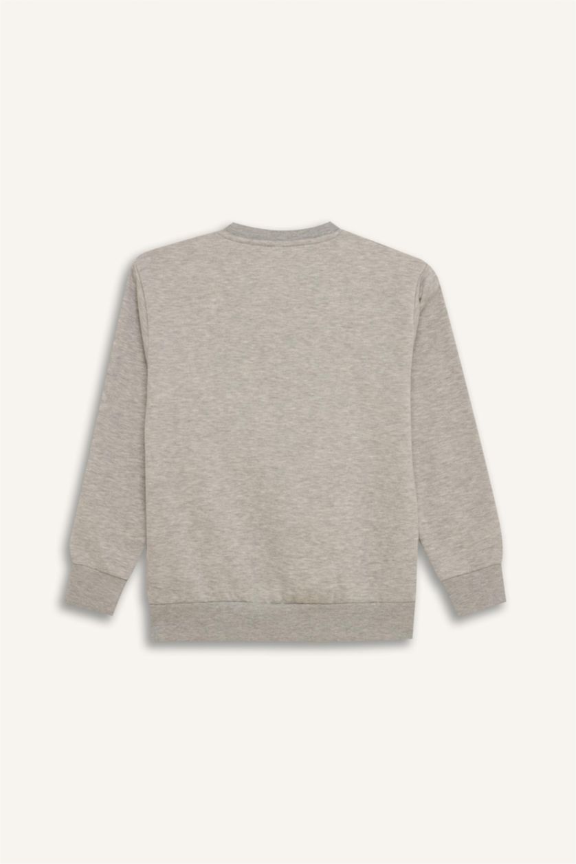 Erkek Çocuk - Genç Erkek Gri Melanj Bisiklet Yaka Baskılı İçi Yumuşak Tüylü Sweatshirt Erkek Çocuk