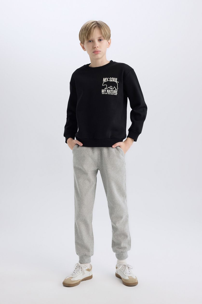 Boys & Teens Black Boy Crew Neck Back Printed Soft Furry Inside Sweatshirt