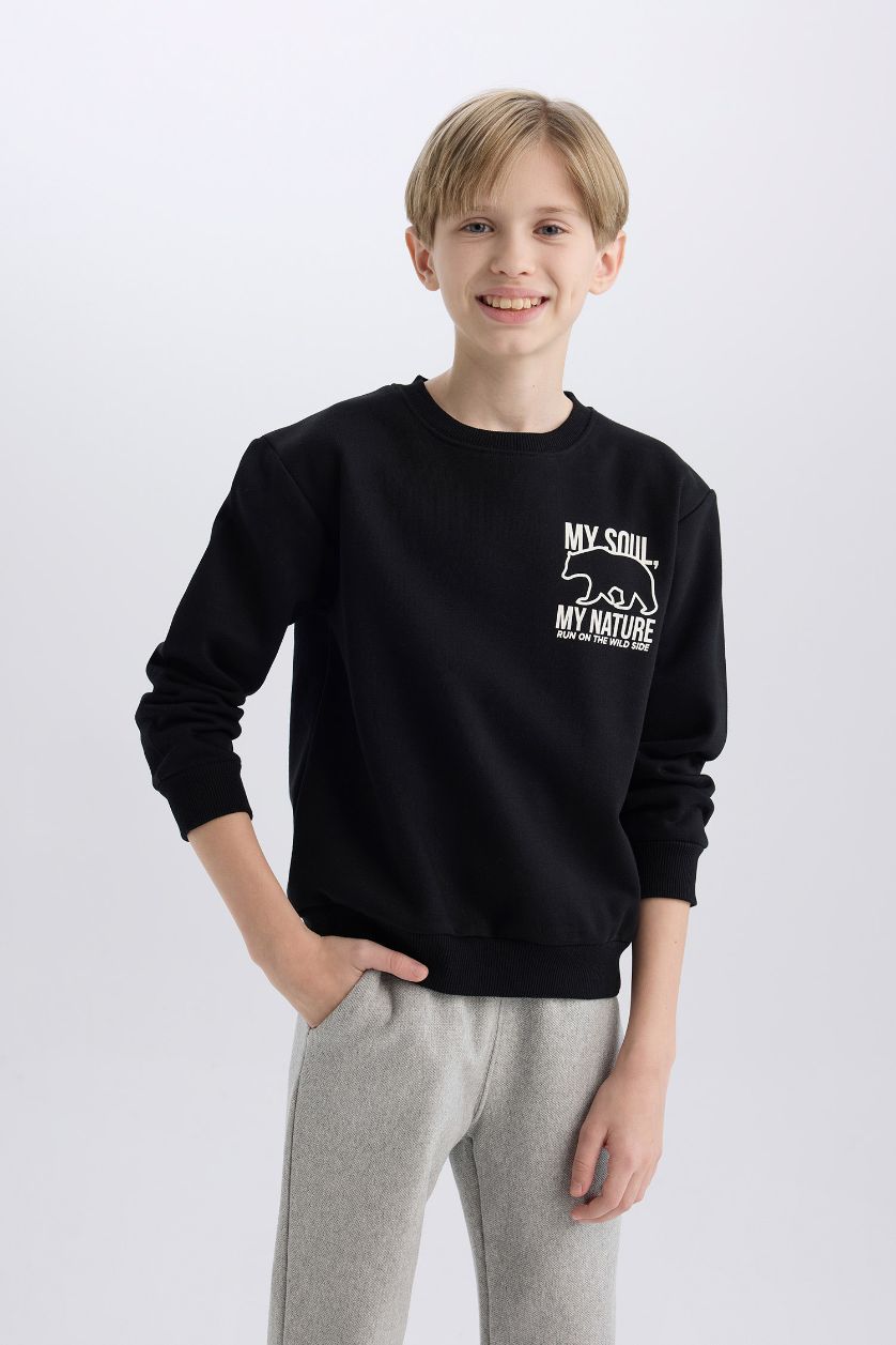 Boys & Teens Black Boy Crew Neck Back Printed Soft Furry Inside Sweatshirt