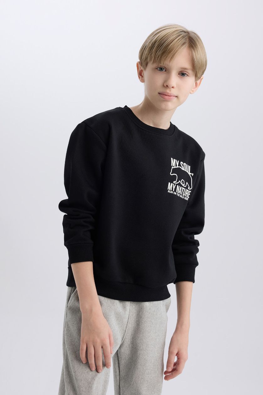 Boys & Teens Black Boy Crew Neck Back Printed Soft Furry Inside Sweatshirt
