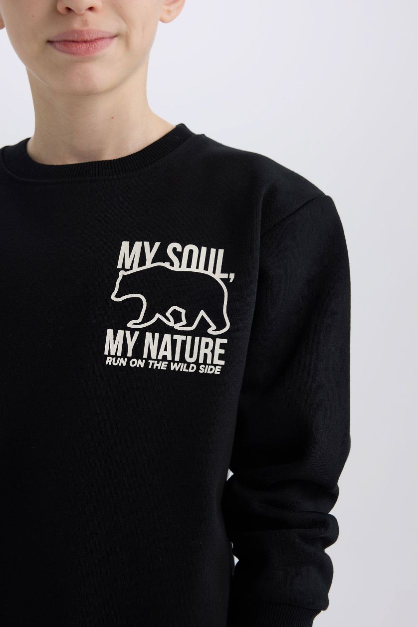 Boys & Teens Black Boy Crew Neck Back Printed Soft Furry Inside Sweatshirt