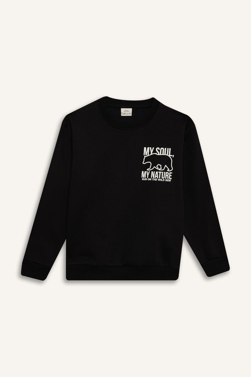 Boys & Teens Black Boy Crew Neck Back Printed Soft Furry Inside Sweatshirt