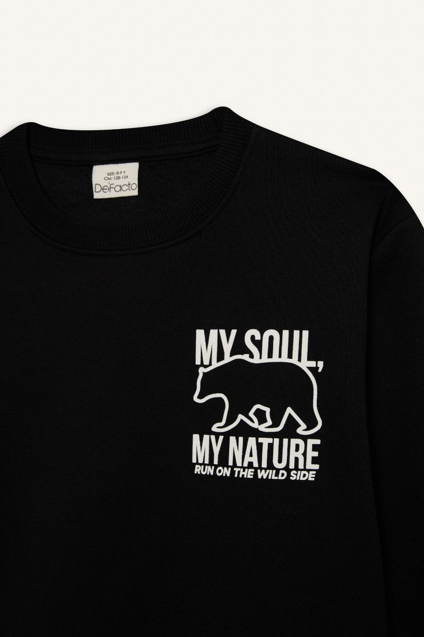 Boys & Teens Black Boy Crew Neck Back Printed Soft Furry Inside Sweatshirt