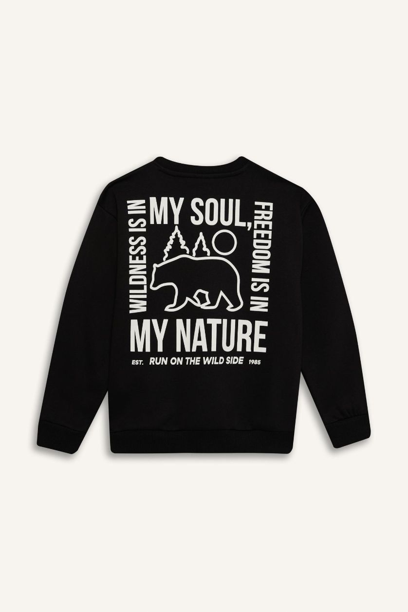 Boys & Teens Black Boy Crew Neck Back Printed Soft Furry Inside Sweatshirt