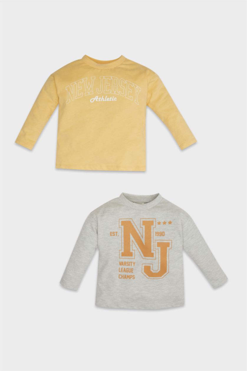 Erkek Bebek Açık Gri Erkek Bebek Bisiklet Yaka Baskılı 2'li Uzun Kollu Tişört