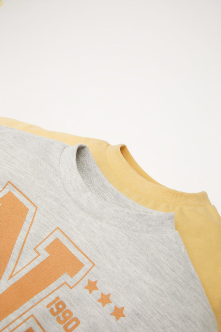 Erkek Bebek Açık Gri Erkek Bebek Bisiklet Yaka Baskılı 2'li Uzun Kollu Tişört