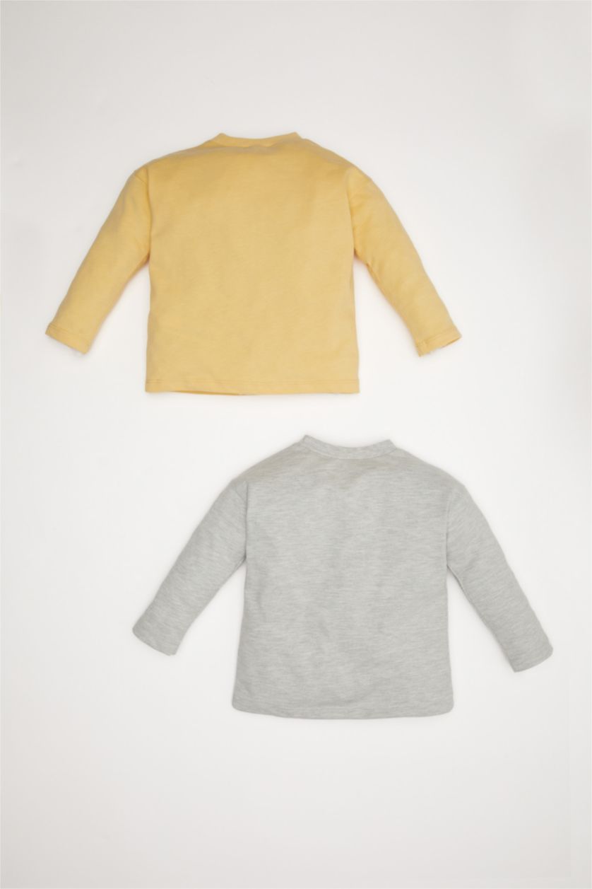 Erkek Bebek Açık Gri Erkek Bebek Bisiklet Yaka Baskılı 2'li Uzun Kollu Tişört