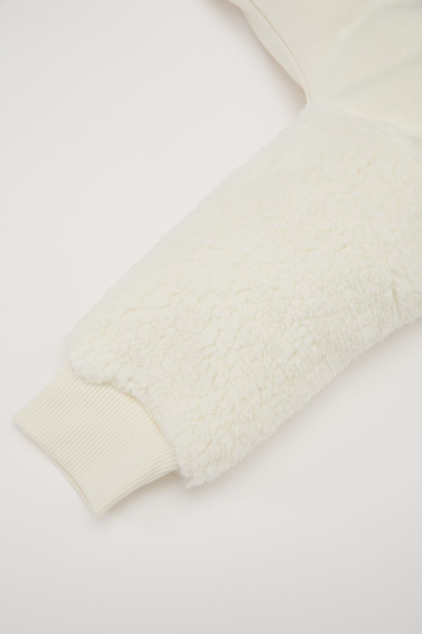 Baby Girl Ecru Baby Girl Crew Neck Printed Soft Furry Sweatshirt