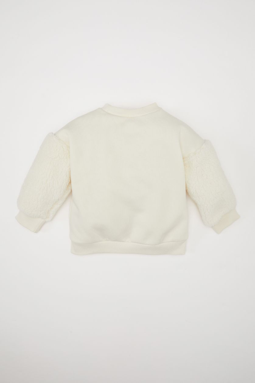 Baby Girl Ecru Baby Girl Crew Neck Printed Soft Furry Sweatshirt