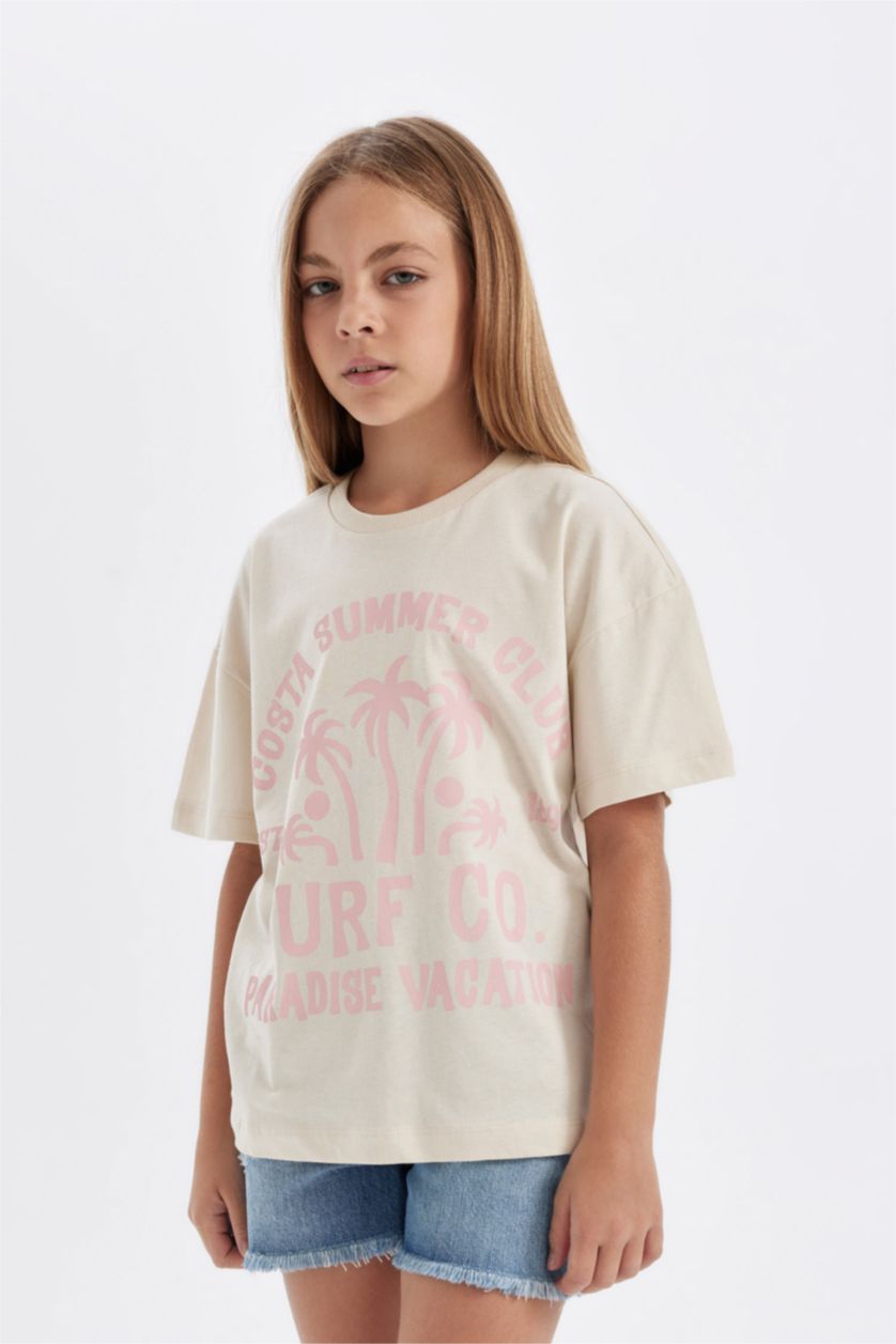 Kız Çocuk - Genç Kız Açık Pembe Relax Fit Bisiklet Yaka Baskılı Kısa Kollu Tişört Kız Çocuk