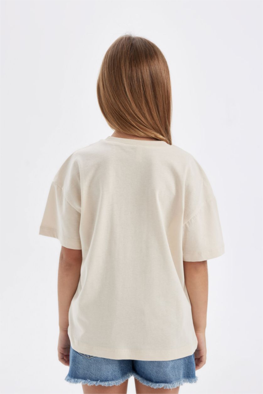 Kız Çocuk - Genç Kız Açık Pembe Relax Fit Bisiklet Yaka Baskılı Kısa Kollu Tişört Kız Çocuk